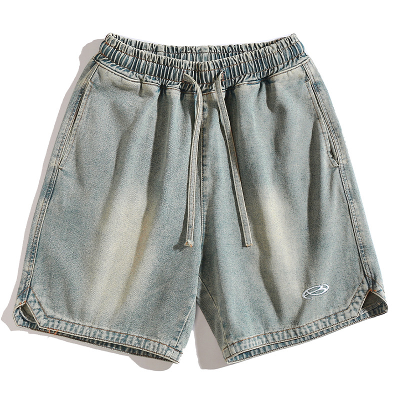 Mens hem triangle split design denim shorts mens summer new style beautiful tide embroidered loose five-point pants